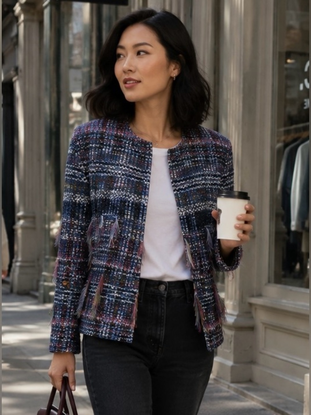 St John Multicolor Tweed Fringe Open Front Jacket - Sz 8